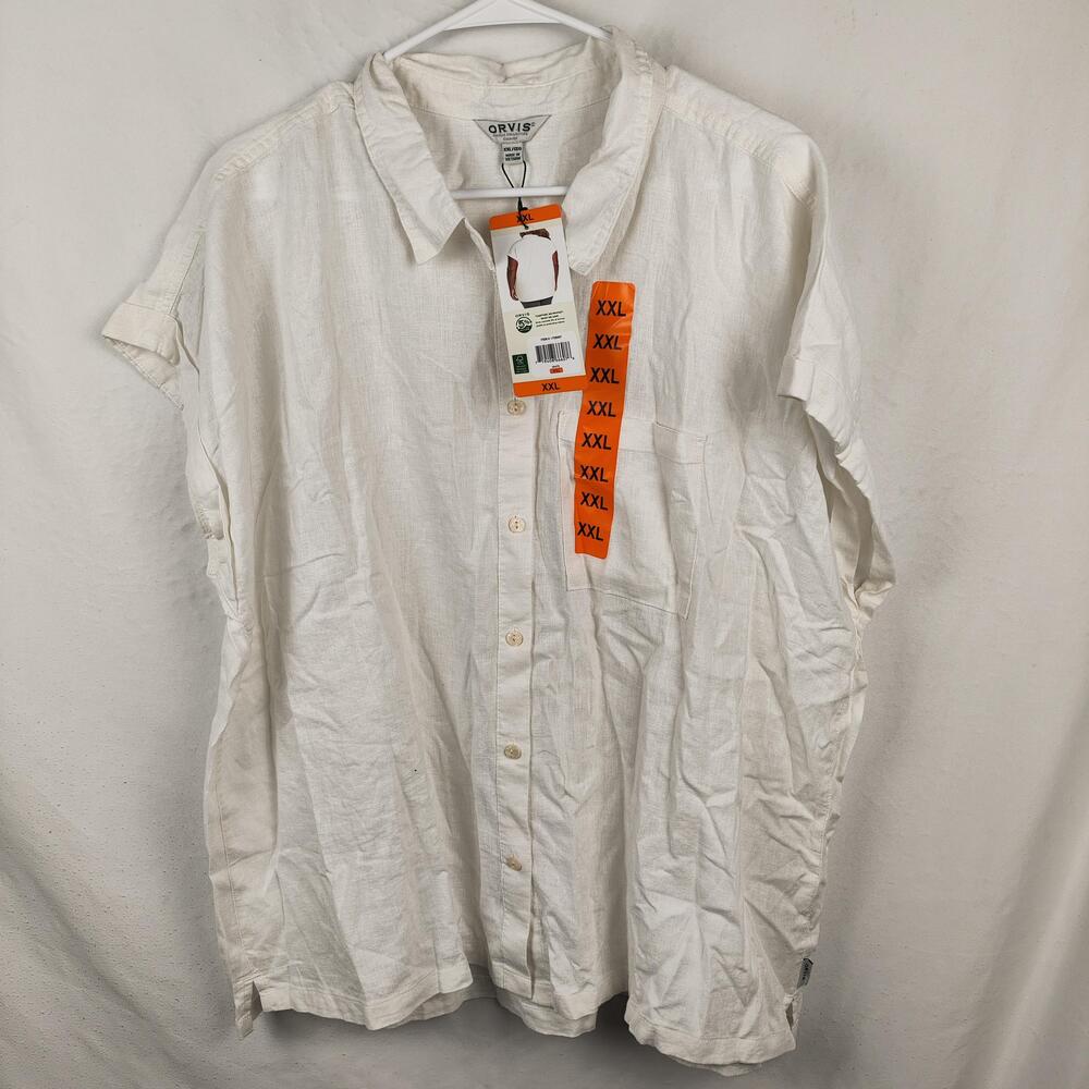 Orvis Shirt Mens 2XL White Linen Blend Short Sleeve Button Up Casual Summer